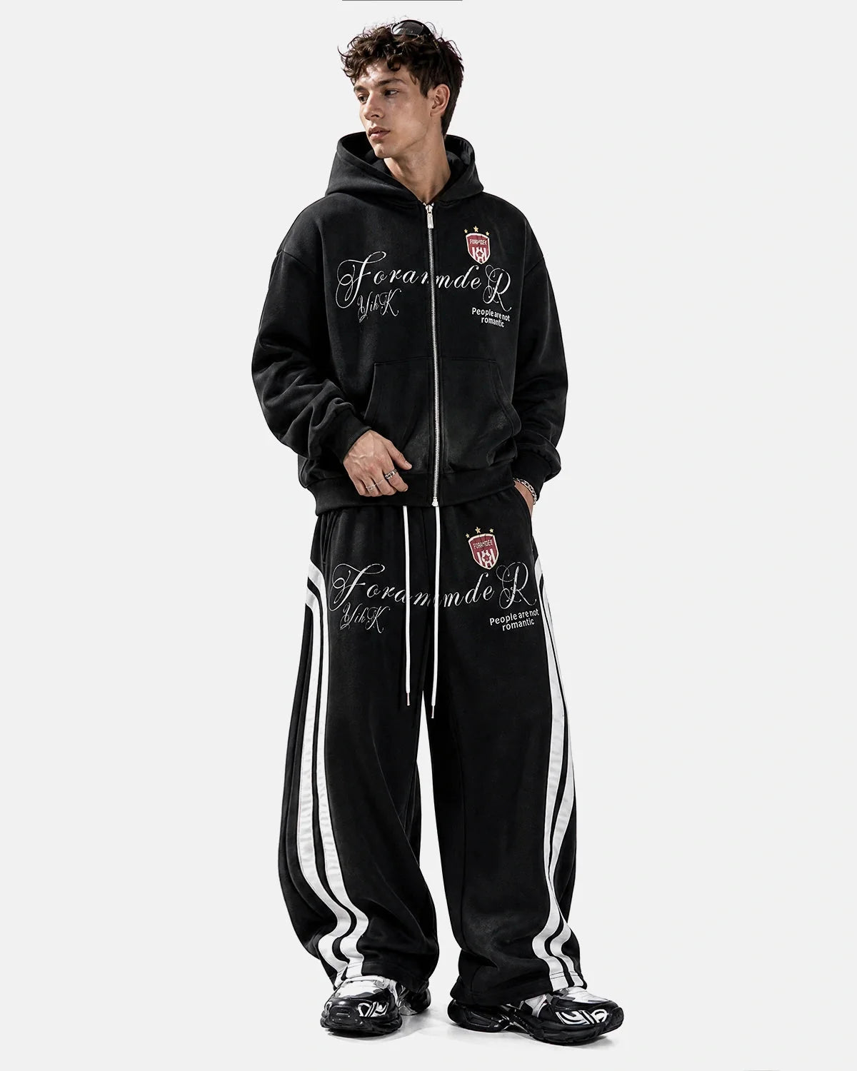 Omygoods Washed Stripe Graphic Zip Up Hoodie