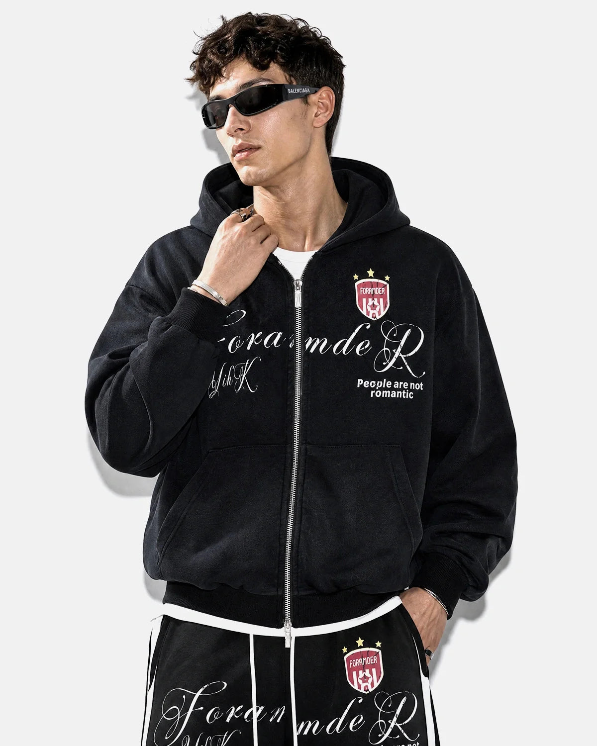 Omygoods Washed Stripe Graphic Zip Up Hoodie
