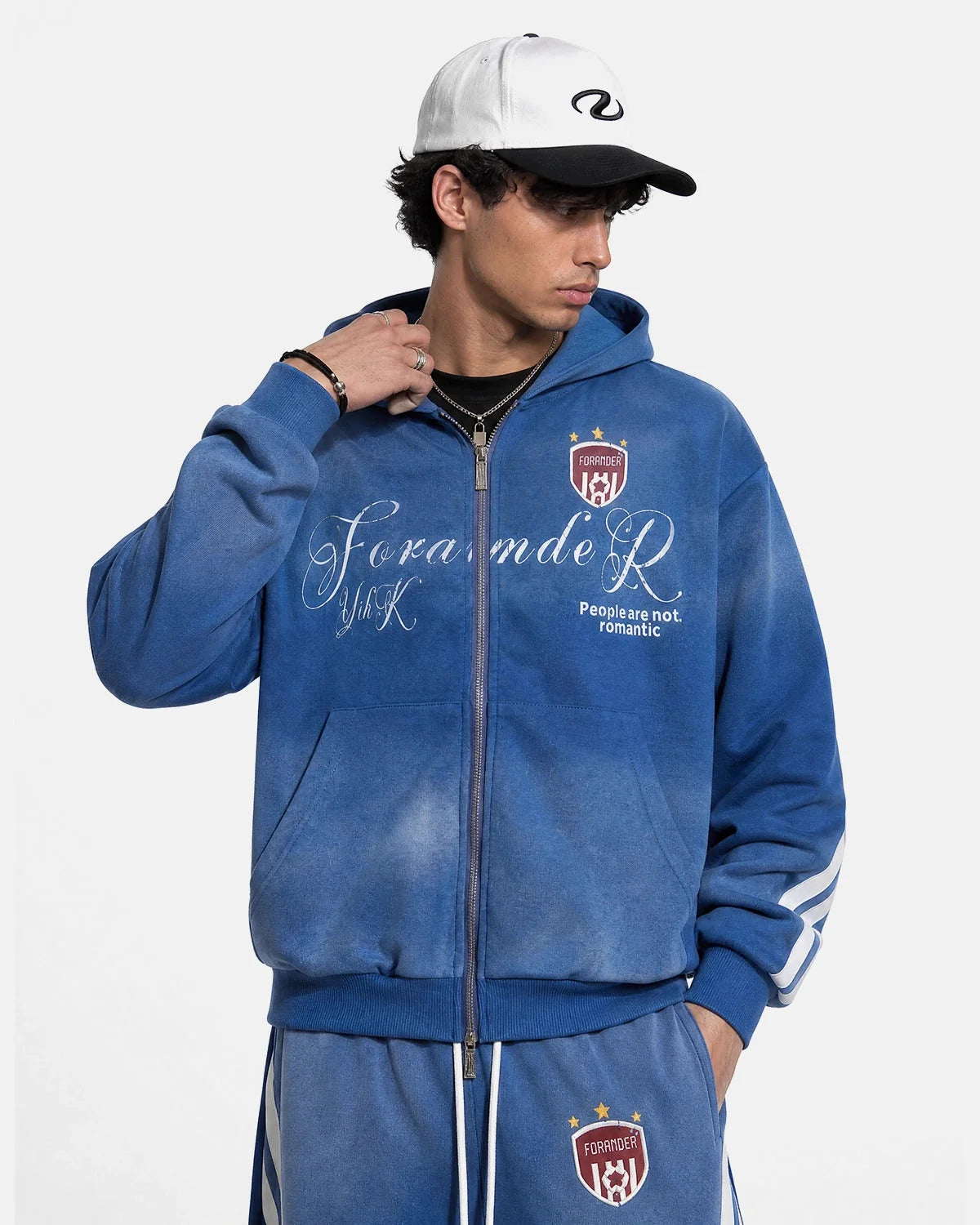 Omygoods Washed Stripe Graphic Zip Up Hoodie