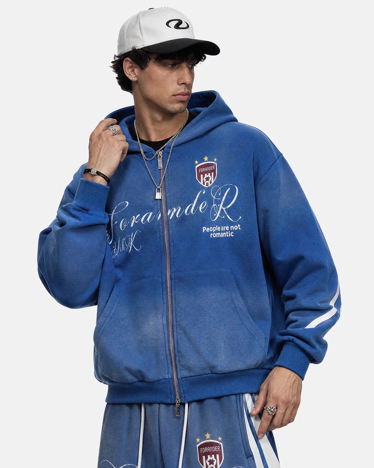 Omygoods Washed Stripe Graphic Zip Up Hoodie