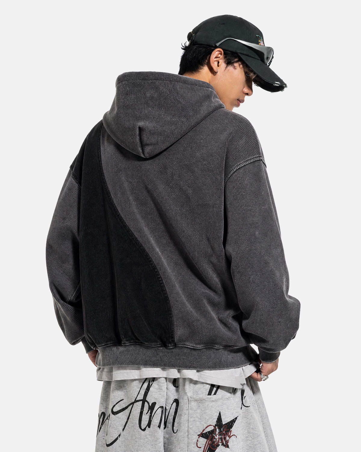 Omygoods Washed Waffle Boxy Quarter Zip Hoodie