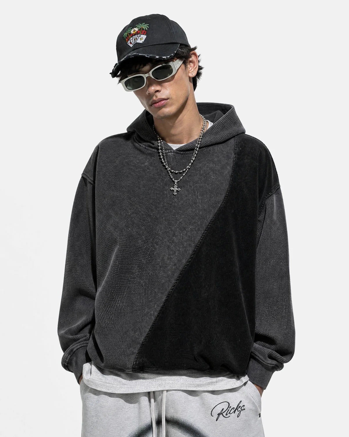 Omygoods Washed Waffle Boxy Quarter Zip Hoodie
