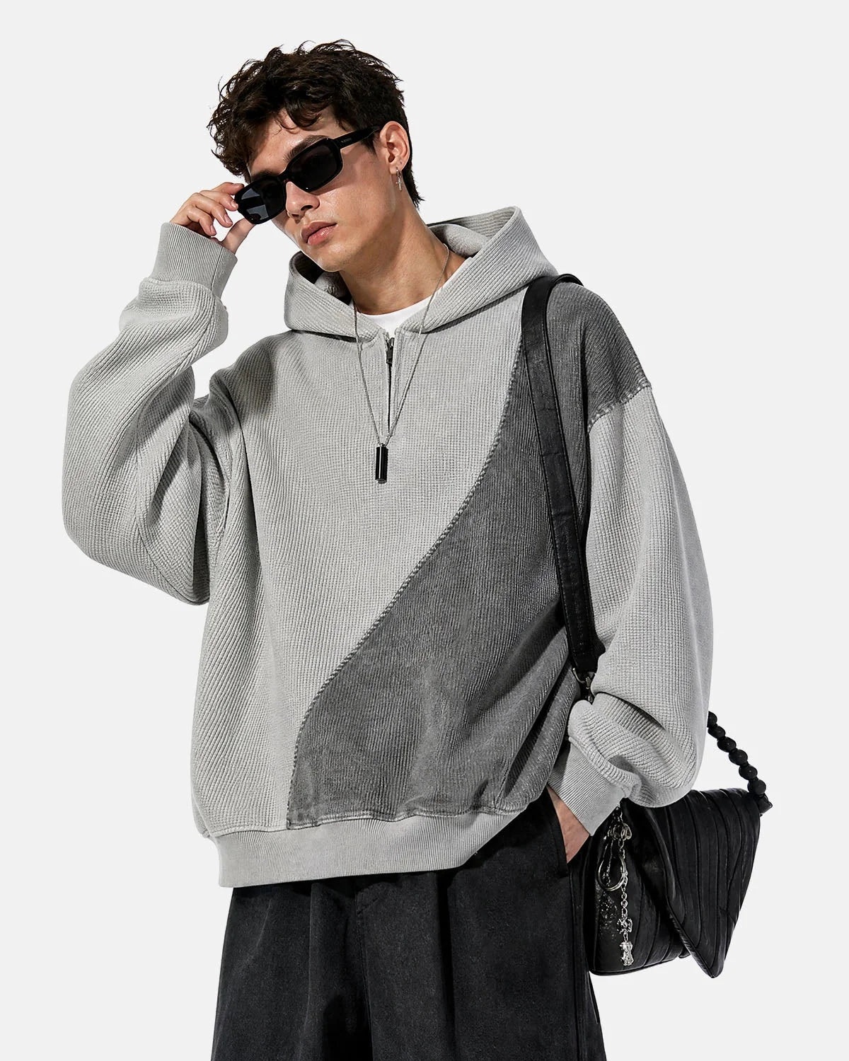 Omygoods Washed Waffle Boxy Quarter Zip Hoodie