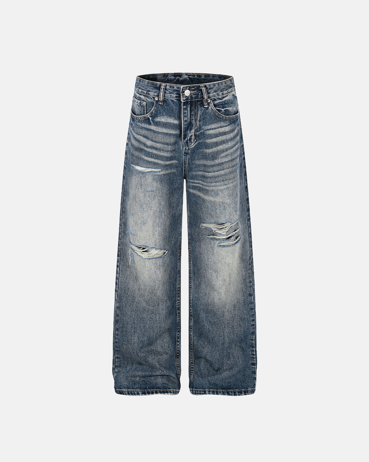 Omygoods Whisker Wash Distressed Baggy Jeans