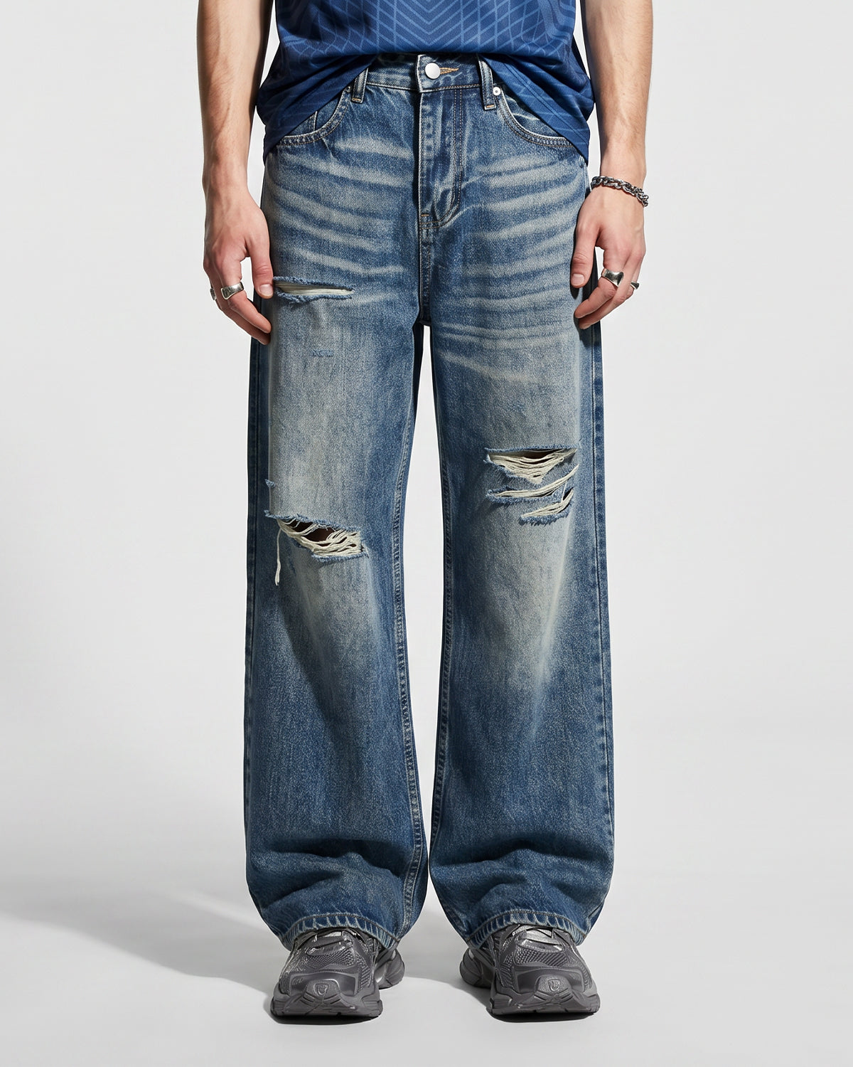Omygoods Whisker Wash Distressed Baggy Jeans