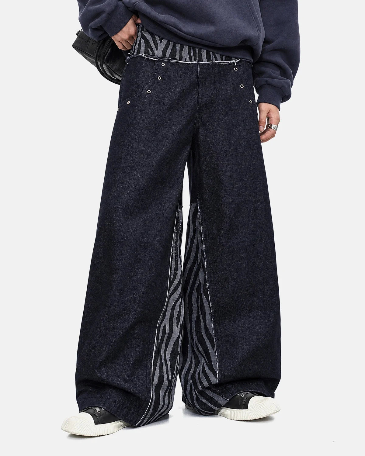 Omygoods Zebra Pattern Patchwork Baggy Jeans