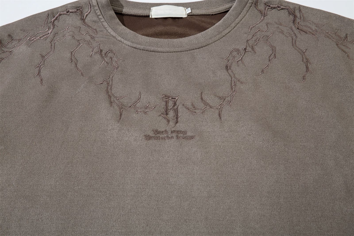 Thorn Embroidery Suede T-Shirt - Elevate Your Streetwear Game - OMYGOODS