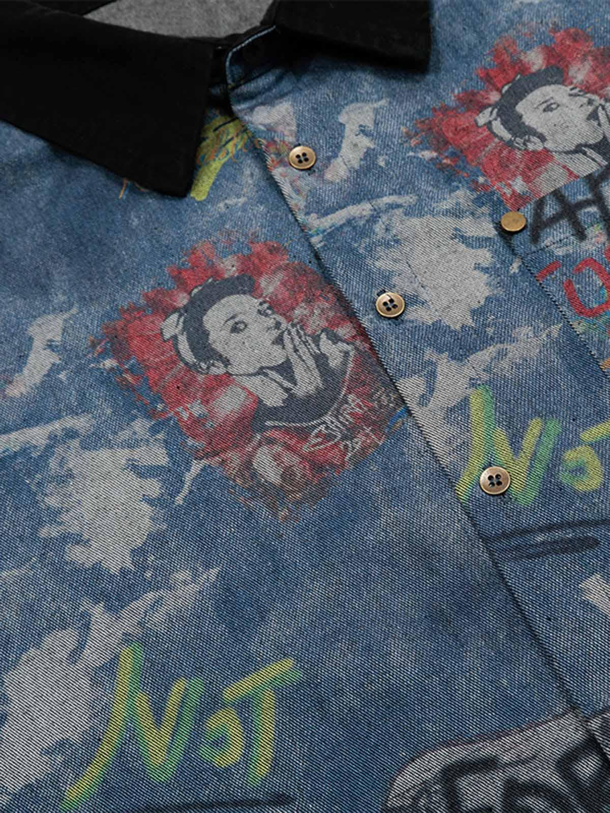 Omygoods Tie-Dye Denim Graffiti Polo T-Shirt