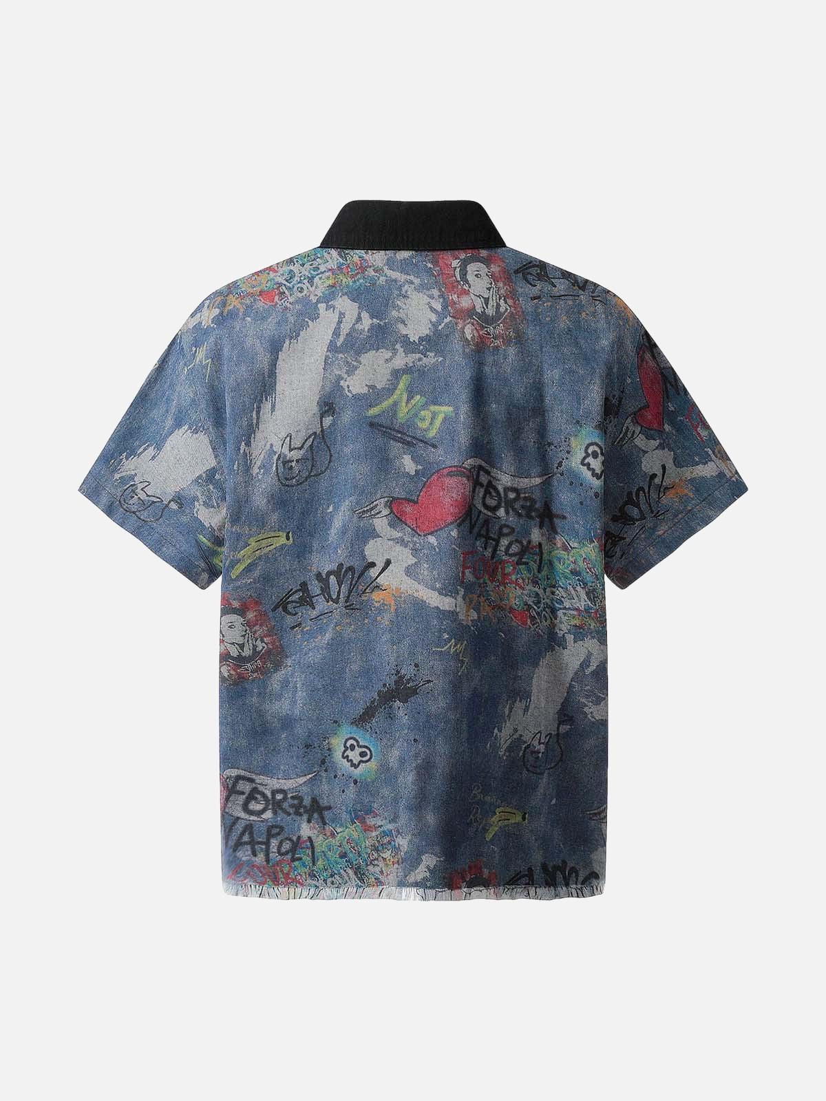 Omygoods Tie-Dye Denim Graffiti Polo T-Shirt