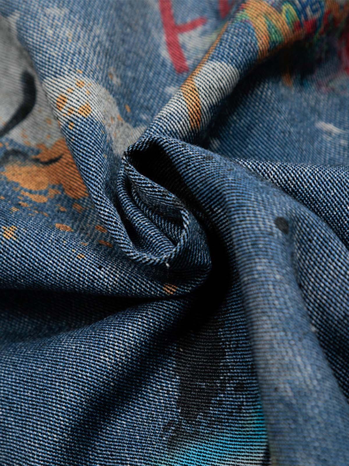 Omygoods Tie-Dye Denim Graffiti Polo T-Shirt