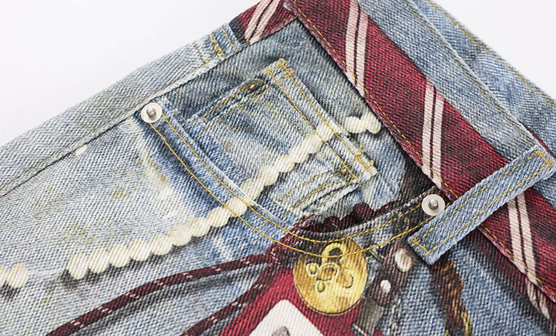 Tie Graphic Print Vintage Wash Wide Leg Denim Jeans - OMYGOODS