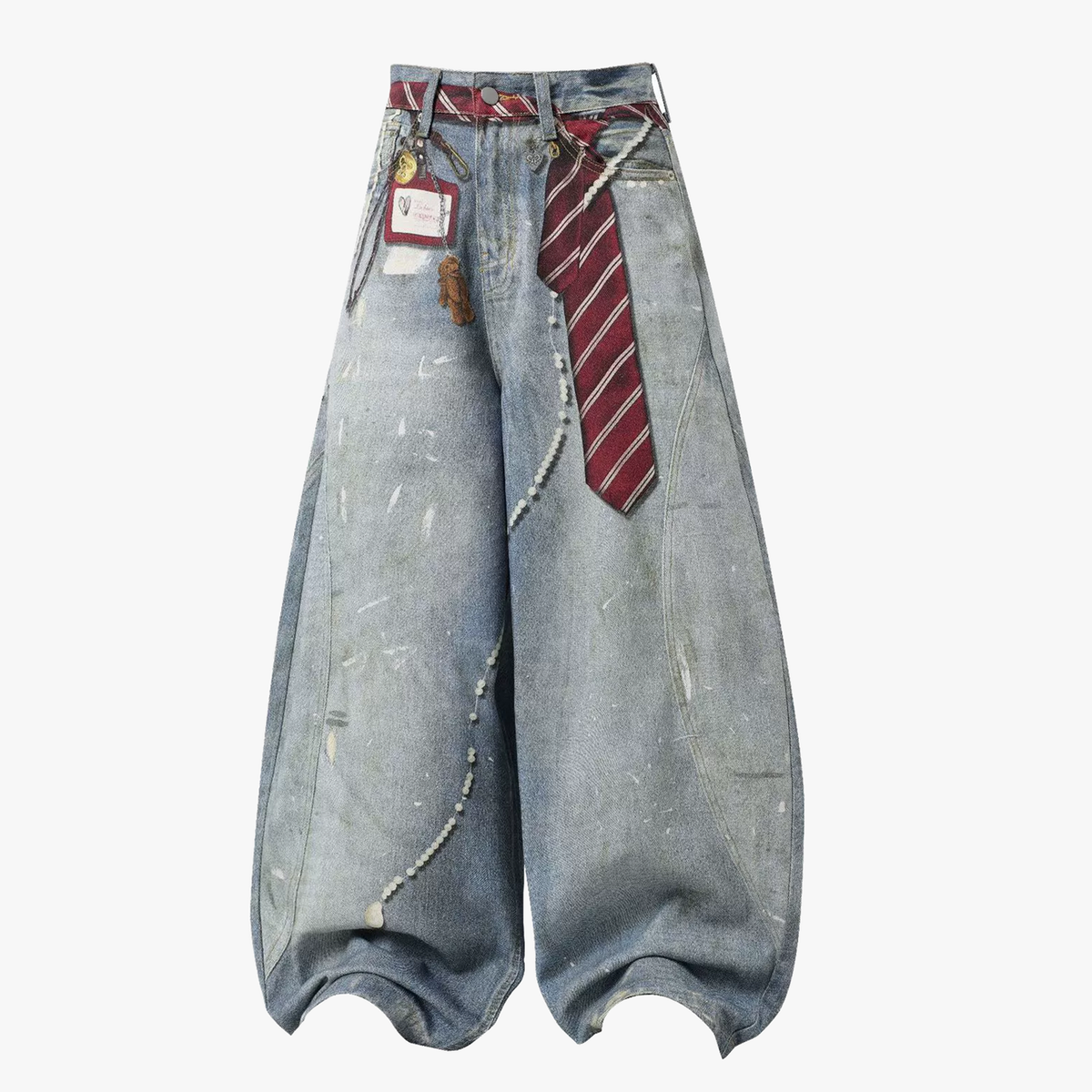 Tie Graphic Print Vintage Wash Wide Leg Denim Jeans - OMYGOODS