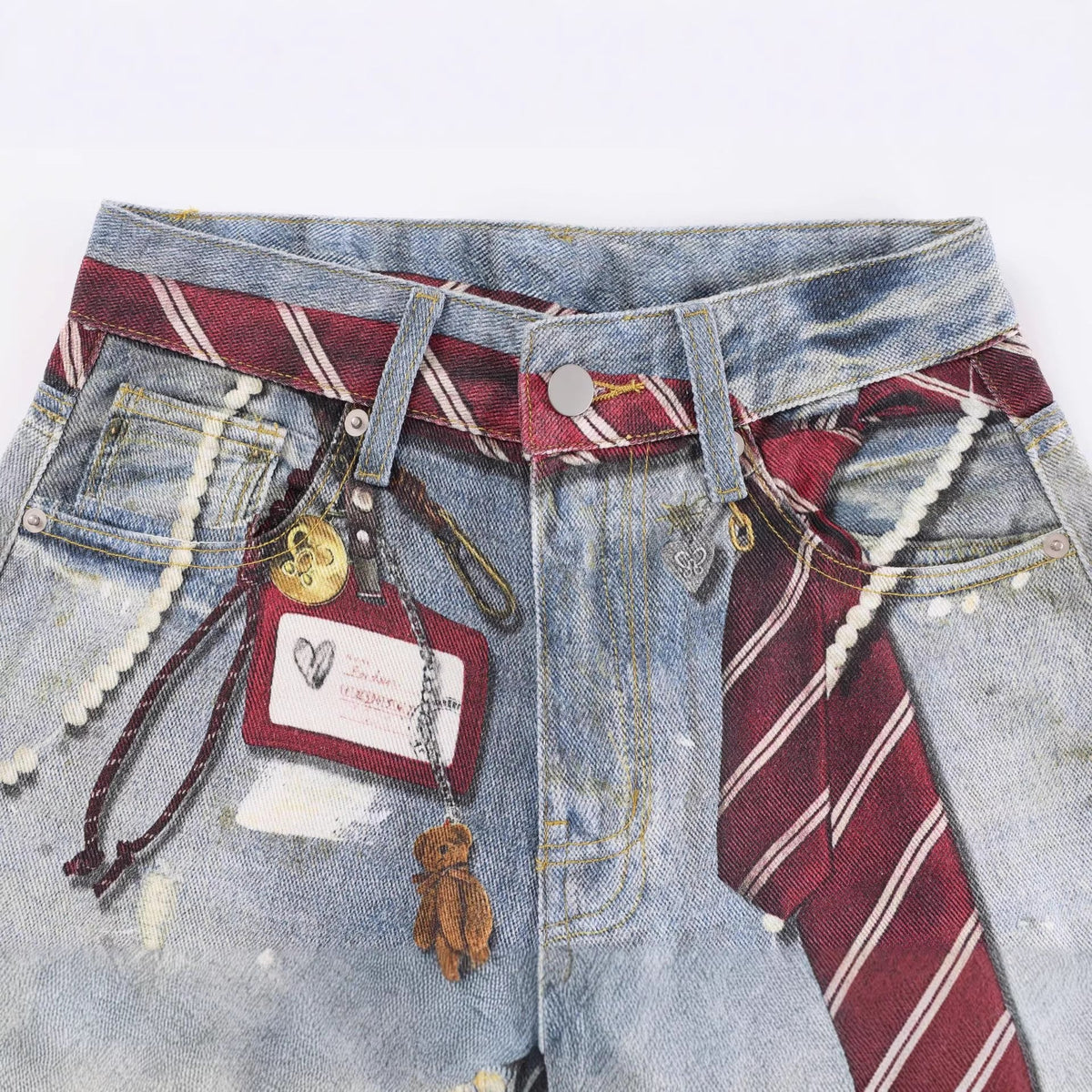 Tie Graphic Print Vintage Wash Wide Leg Denim Jeans - OMYGOODS