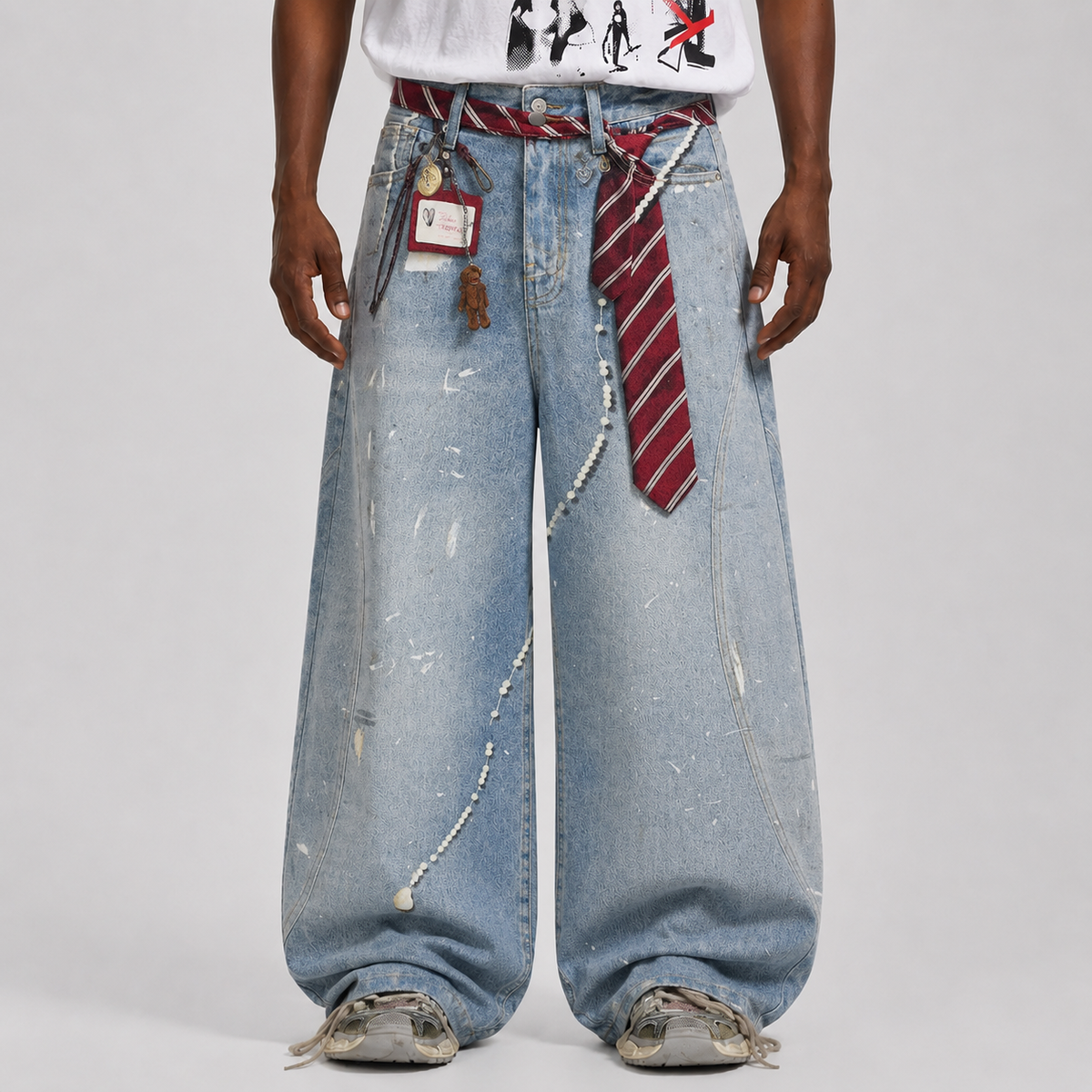 Tie Graphic Print Vintage Wash Wide Leg Denim Jeans - OMYGOODS
