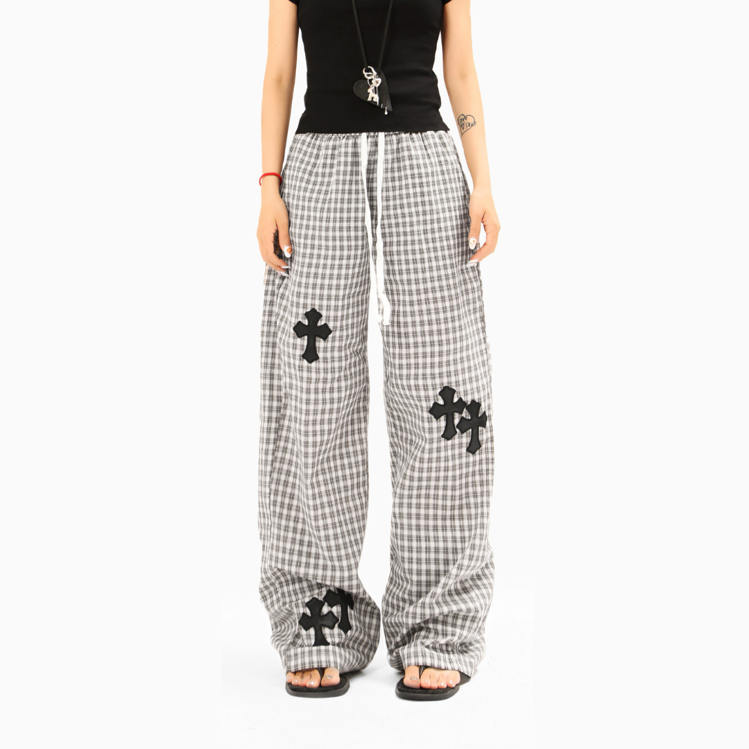 Plaid Cross-Patch Relaxed Pants