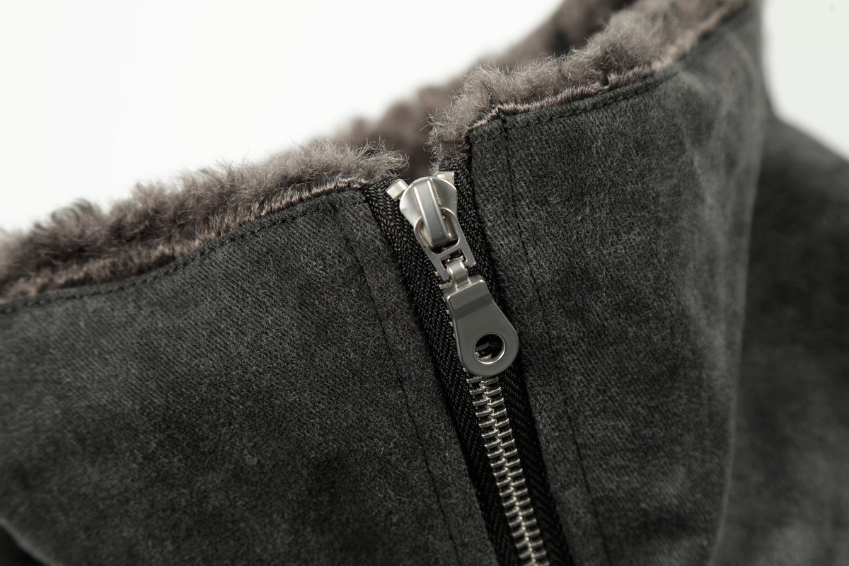 Vintage Distressed Pleated Shearling Collar Fleece Jacket - OMYGOODS