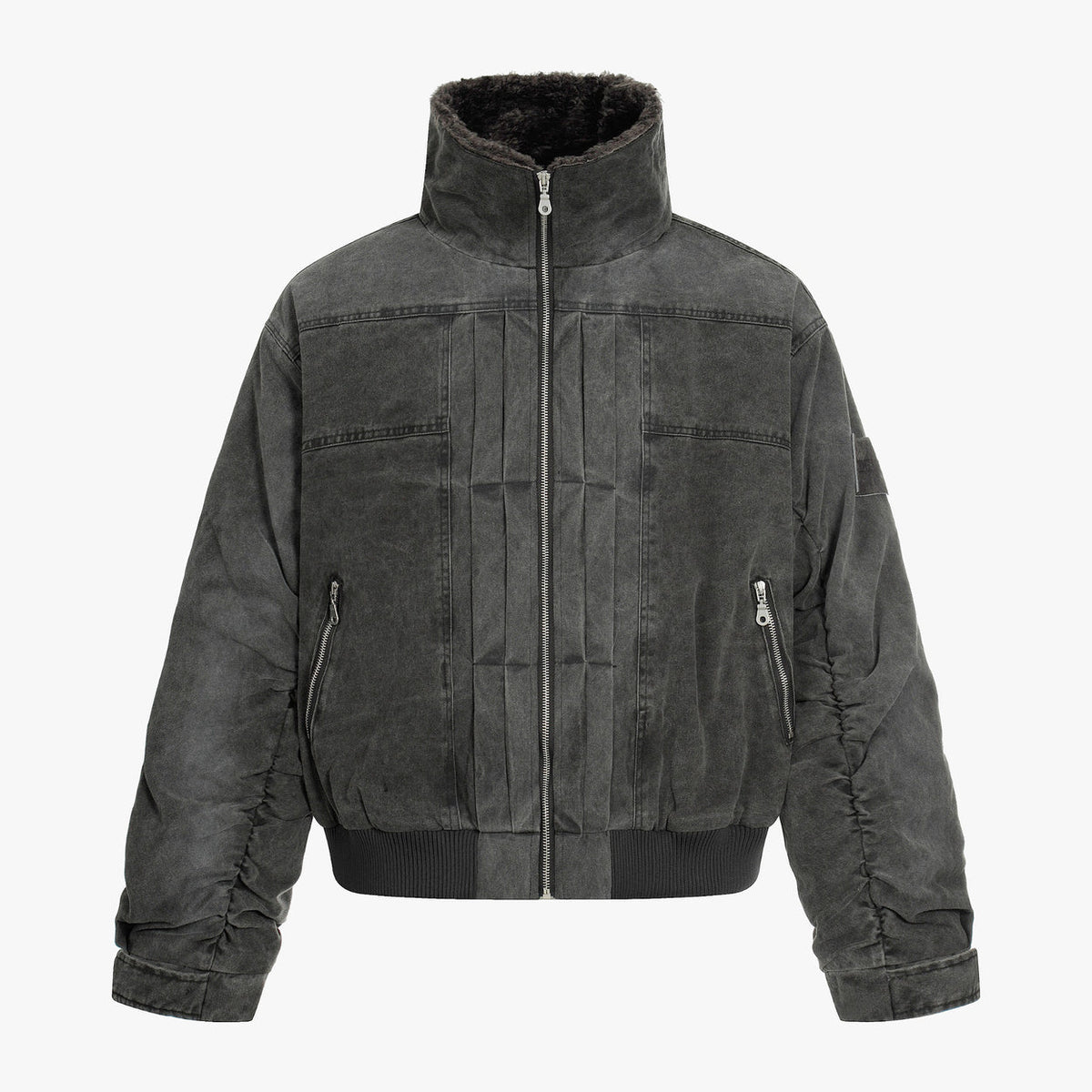 Vintage Distressed Pleated Shearling Collar Fleece Jacket - OMYGOODS