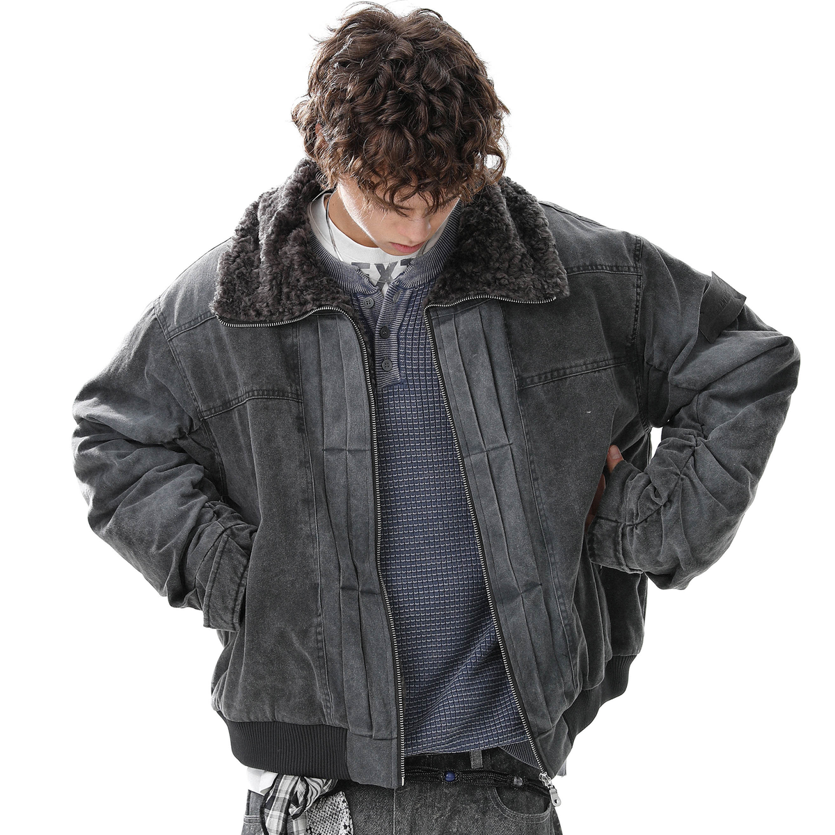 Vintage Distressed Pleated Shearling Collar Fleece Jacket - OMYGOODS