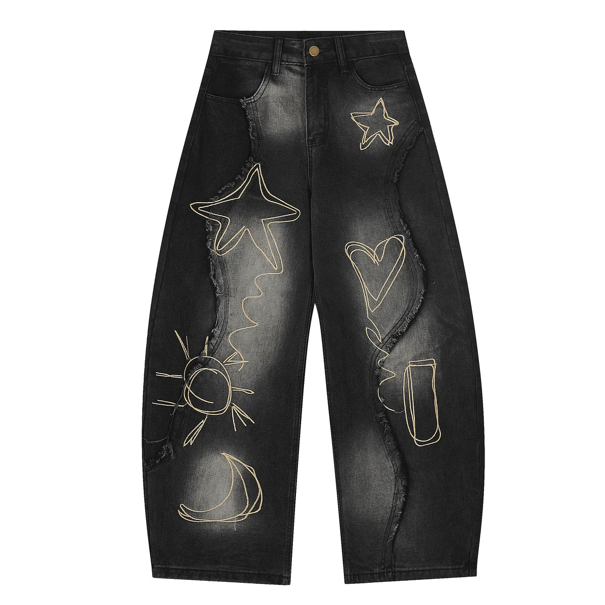 Vintage Embroidered Washed Raw-Edge Graffiti Scimitar Jeans - OMYGOODS
