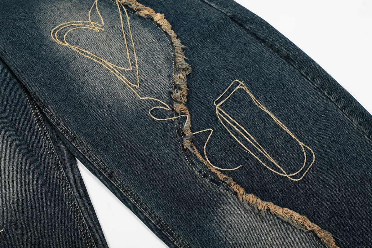 Vintage Embroidered Washed Raw-Edge Graffiti Scimitar Jeans - OMYGOODS