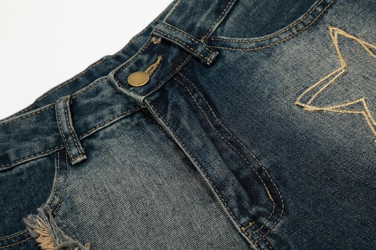 Vintage Embroidered Washed Raw-Edge Graffiti Scimitar Jeans - OMYGOODS