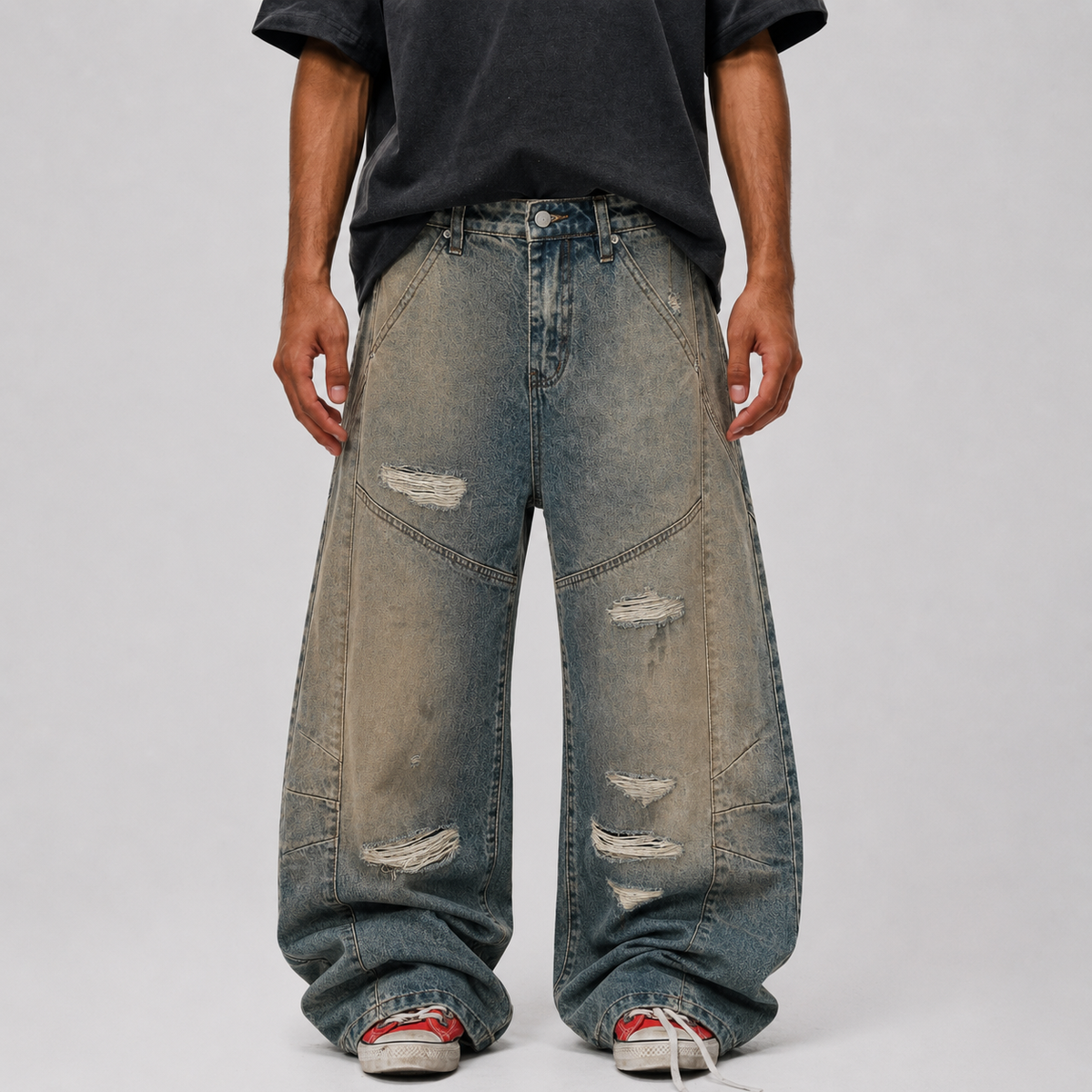 Vintage Mud-Dyed Distressed Barrel Jeans - OMYGOODS