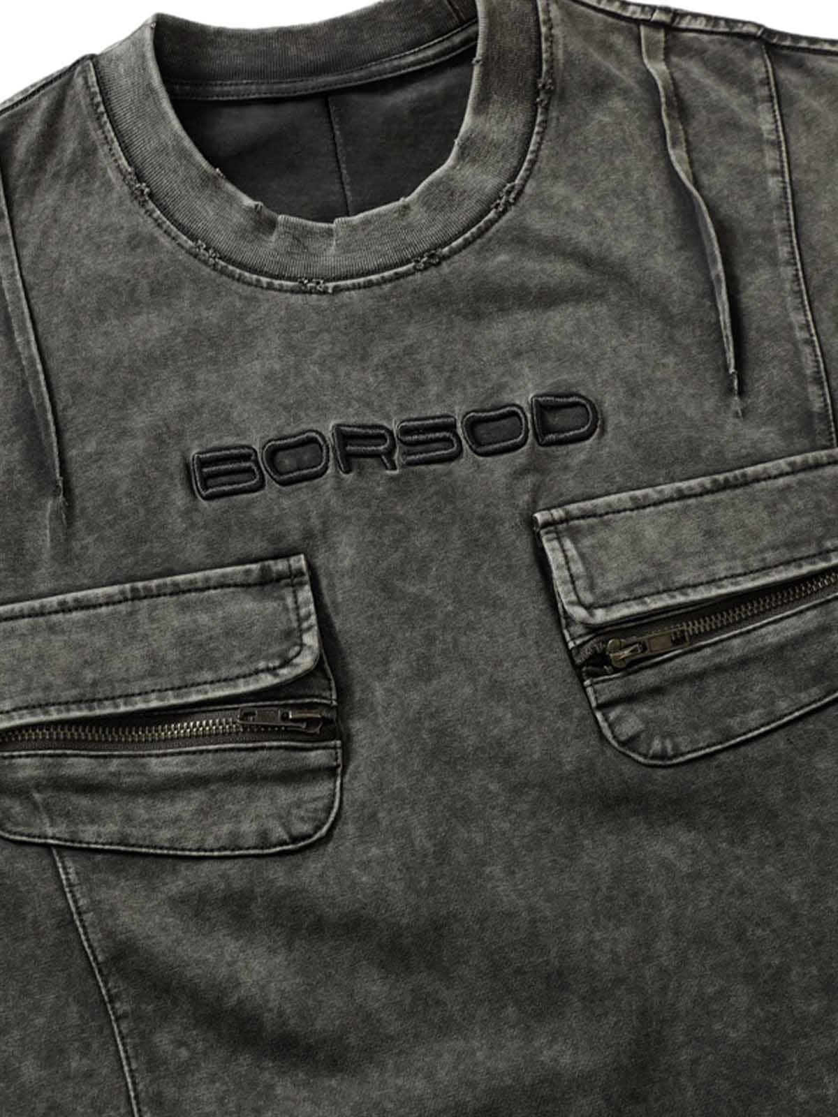 Omygoods Vintage Washed Multi-Pocket T-Shirt