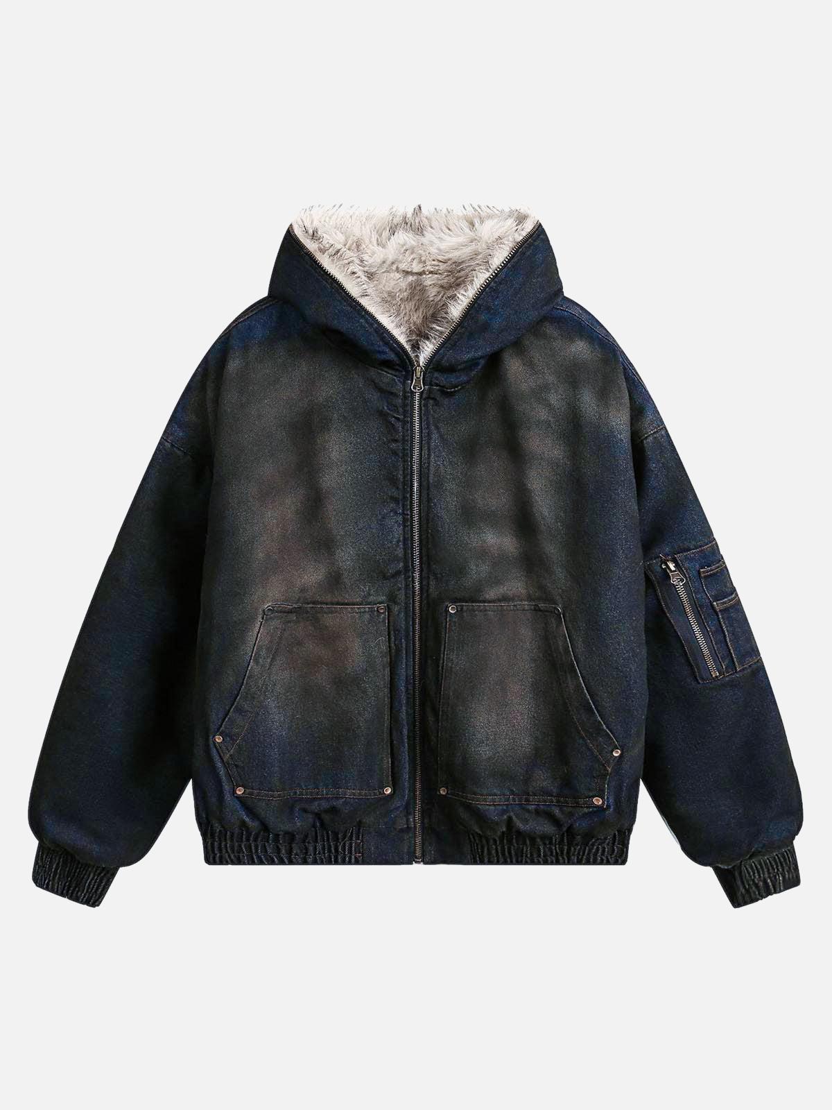 Omygoods Cotton Washed Fur Hooded Jacket