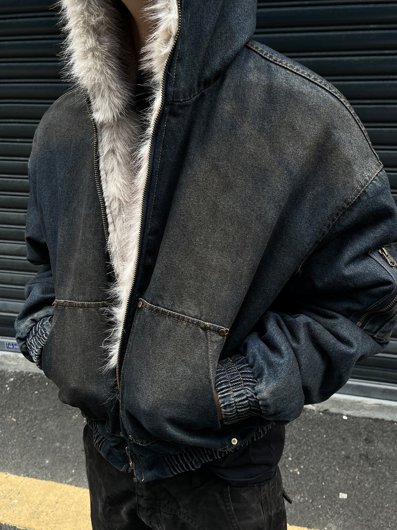 Washed Denim Fur | Hooded Jacket - OMYGOODS
