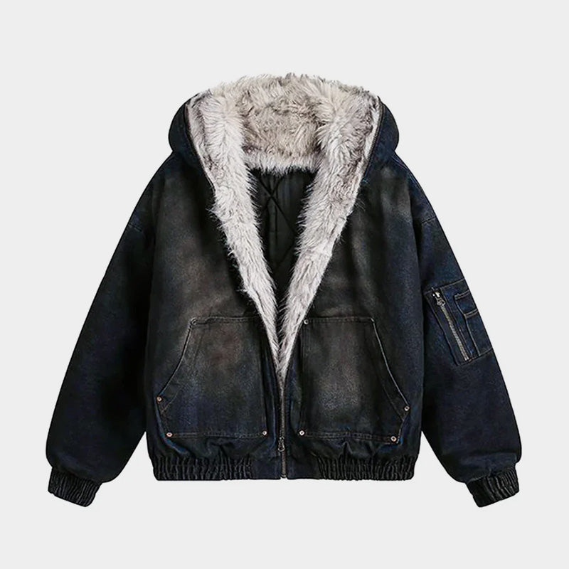 Washed Denim Fur | Hooded Jacket - OMYGOODS