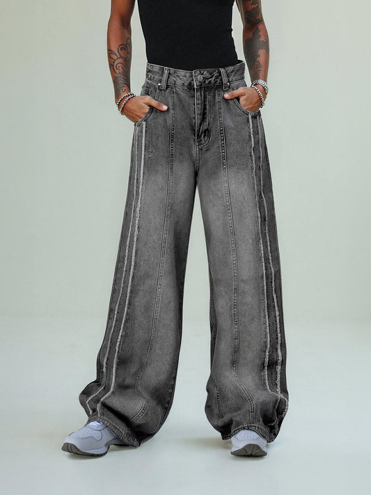 Omygoods Washed Distressed Raw Edge Baggy Jeans