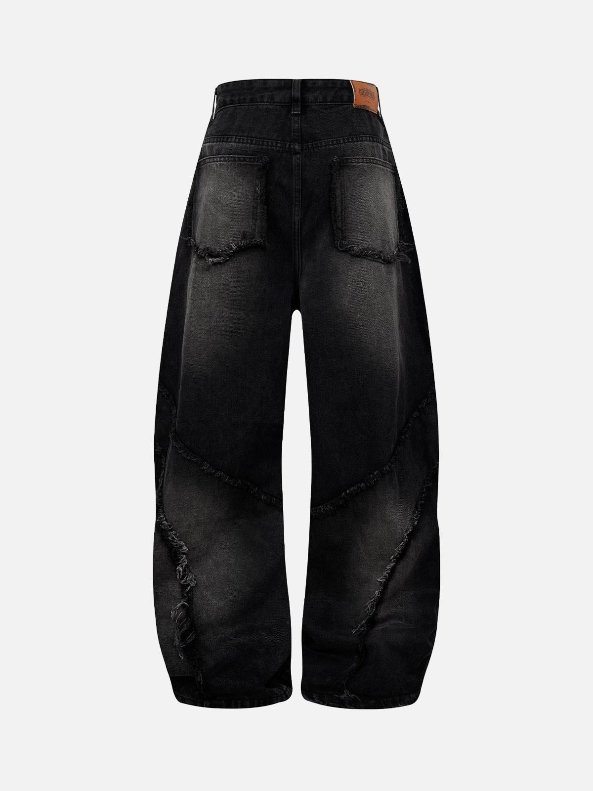 Omygoods Washed Distressed Raw Edge Barrel Jeans