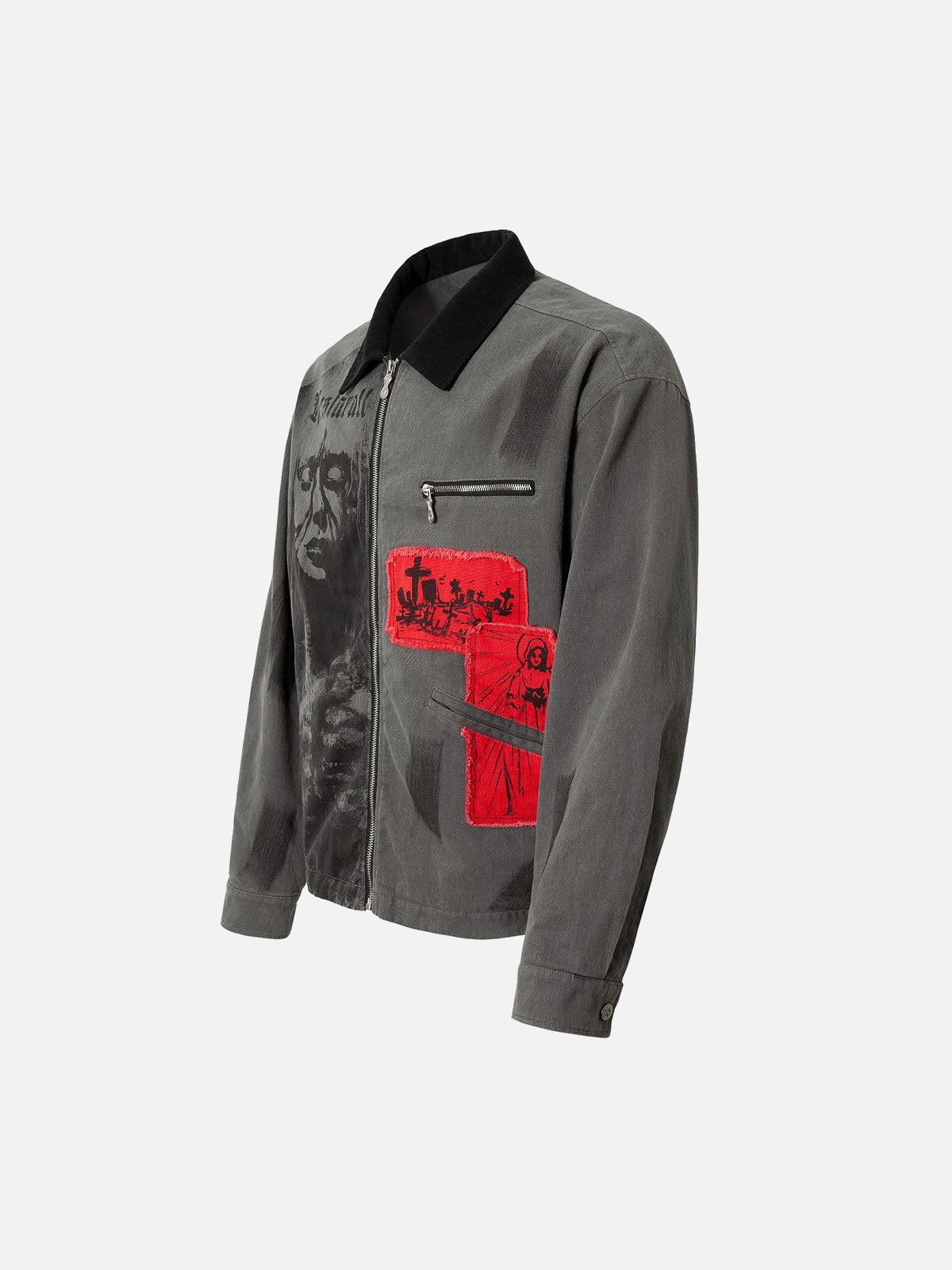 Omygoods Wasteland Style Portrait Print Patchwork Barn Jacket