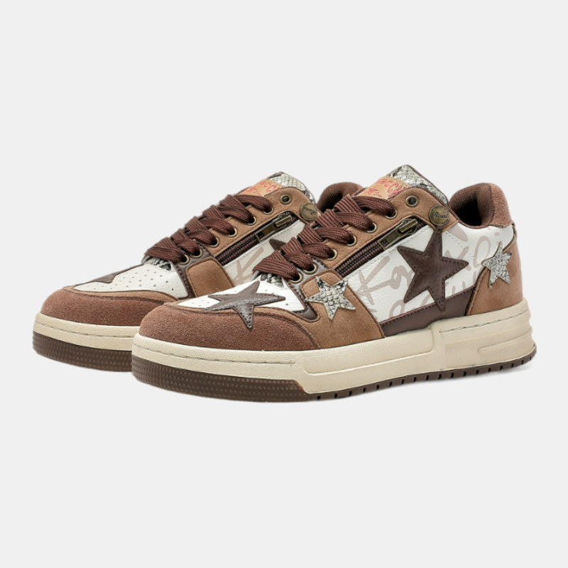 Zipper | Brown Sneakers with Star Element - OMYGOODS
